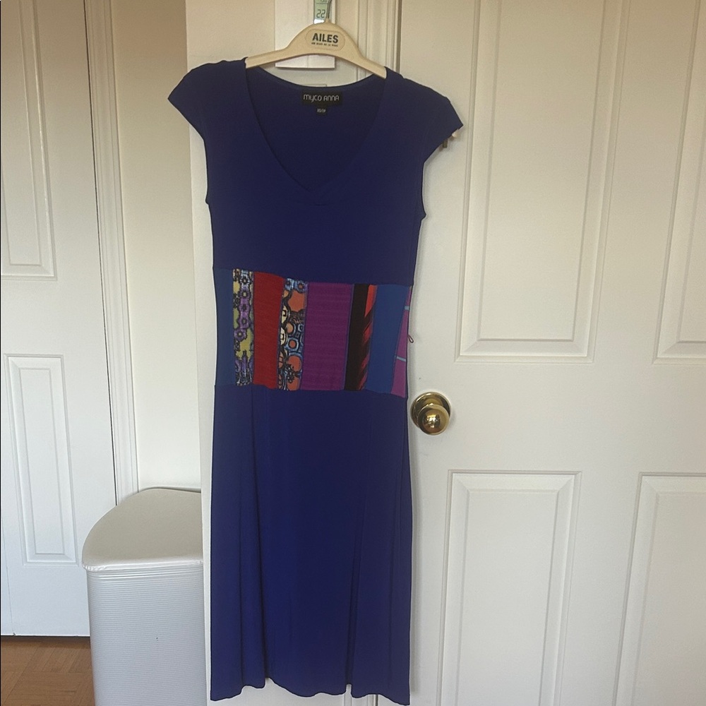 Cap-Sleeve Royal Blue Midi Dress with Patterned Waistband